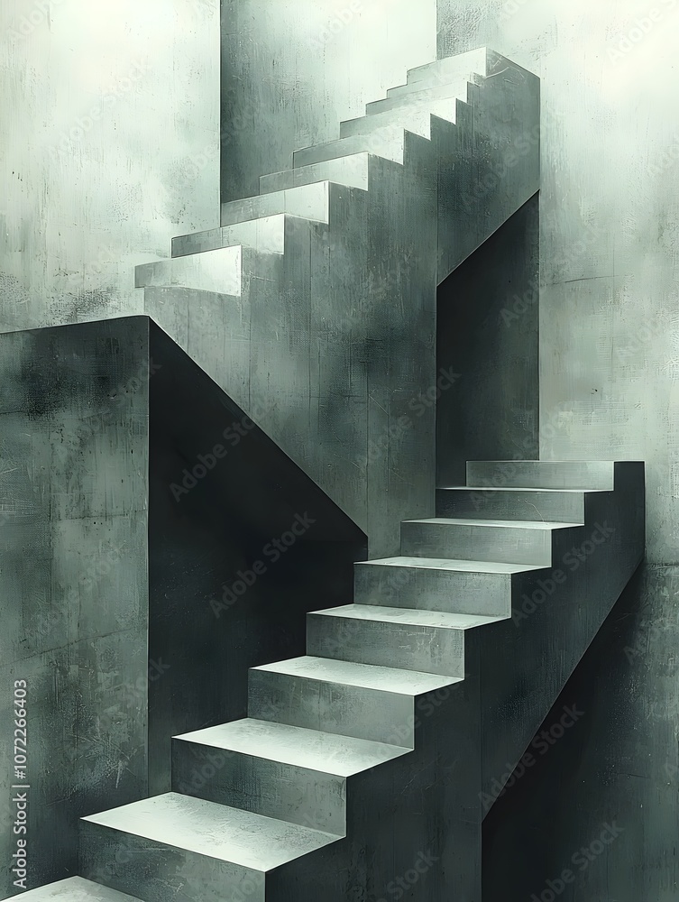 Poster an abstract representation of a concrete staircase featuring smooth, geometric lines and a monochrom