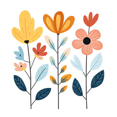 Colorful Botanical Illustration of Whimsical Flowers and Leaves on White Background