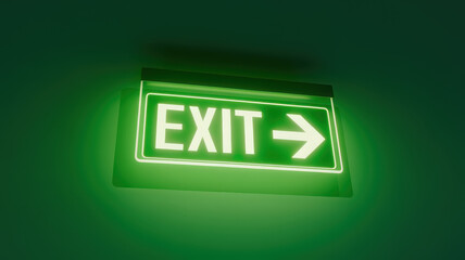 A glowing green exit sign directing towards the right, illuminated in a darkened setting, signaling safety and clarity in emergencies.
