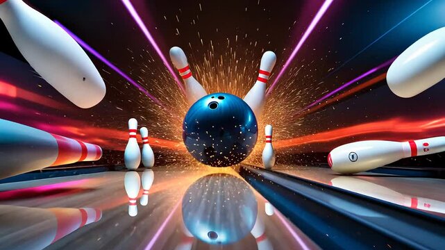 Bowling Ball Striking Pins with Neon Light Effects

