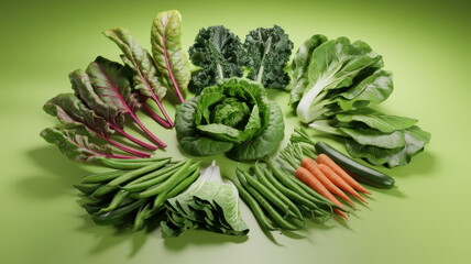 Fototapeta premium A vibrant arrangement of fresh green vegetables including spinach, kale, and carrots against a bright green background.