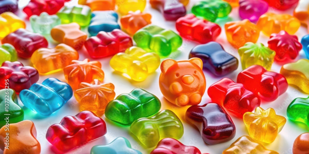 Poster A vibrant assortment of colorful gummy candies, featuring an array of shapes and sizes, captures the essence of sweet indulgence