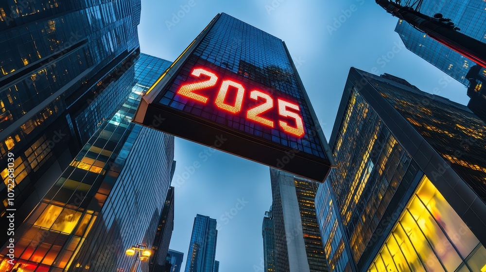 Poster bright close-up view of a skyscraper featuring a large digital display with a year countdown in an u