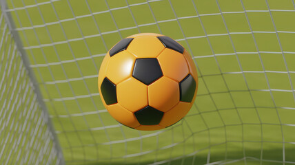 A close-up of an orange and black soccer ball hitting the net, capturing the excitement of scoring a goal.