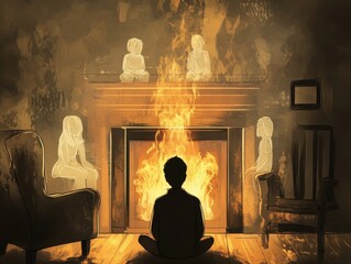 A child sits by a fireplace, surrounded by ghostly figures, creating a haunting, warm atmosphere that blends reality and imagination.