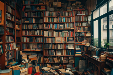 An Ai collage banner poster of a large cluttered book   