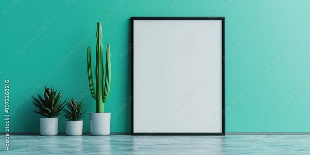 Poster create a tranquil minimalist space with a blank frame and potted cacti against a soft blue wall