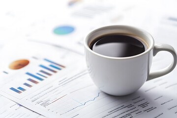 Coffee cup resting beside business reports with bar charts and pie charts on a white minimalist workspace