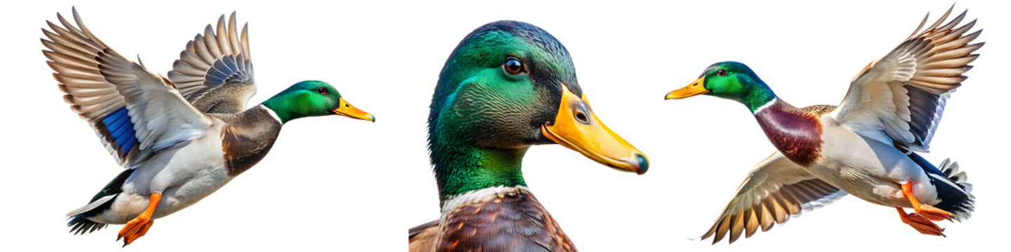 set of Male Mallard duck  drake in flight isolated white background.AI GENERATED