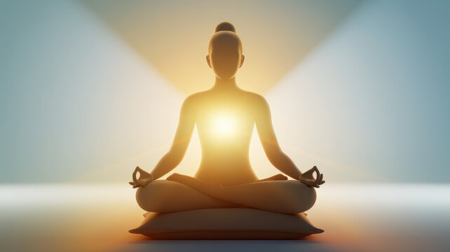 A serene female figure in meditation, radiating light from her heart center in a calming ambiance, symbolizing peace and inner harmony.
