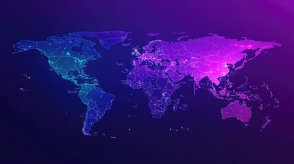 Cyber world map with connected nodes, holographic purple and blue, vibrant and minimalistic, smooth gradients, global network