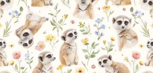 Seamless pattern of meerkats surrounded by grass and flowers