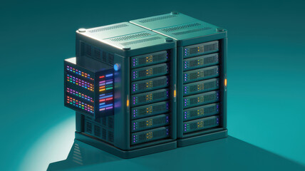 Modern data server unit with illuminated components showcasing vibrant LEDs in a sleek, teal environment.