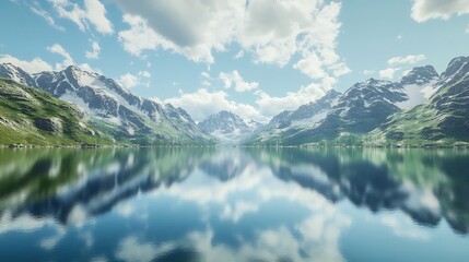 Fototapeta premium A serene lake reflects majestic mountains under a clear sky, surrounded by lush greenery and fluffy clouds, creating a tranquil landscape.