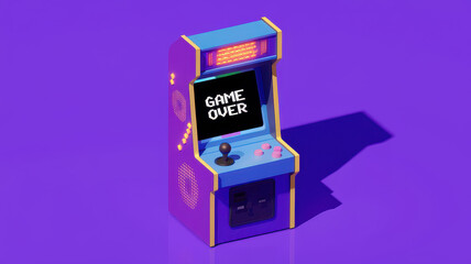 A vibrant retro arcade game cabinet featuring a 'Game Over' screen, set against a rich purple background. Nostalgic and eye-catching design.