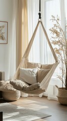 Cozy Living Room with Hammock Chair and Natural Decor