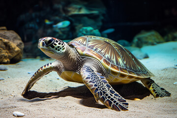 Obraz premium Selective focus turtle swim in the sea with clear water, Underwater sea turtle, Close up shot aquatic animal.
