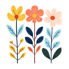 Colorful Botanical Illustration of Whimsical Flowers and Leaves on White Background