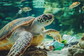 Obraz premium Selective focus turtle in the ocean with garbage in the water, Contamination water pollution with micro plastic harming to sea creature, Aquatic animal endangered cause.