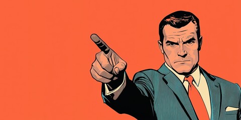 Serious man in blazer raises finger for attention while maintaining focused expression