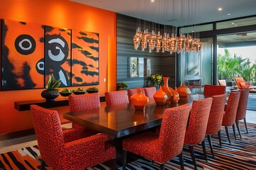 Vibrant orange accents and bold patterns in a modern dining room for a lively and energetic dining experience