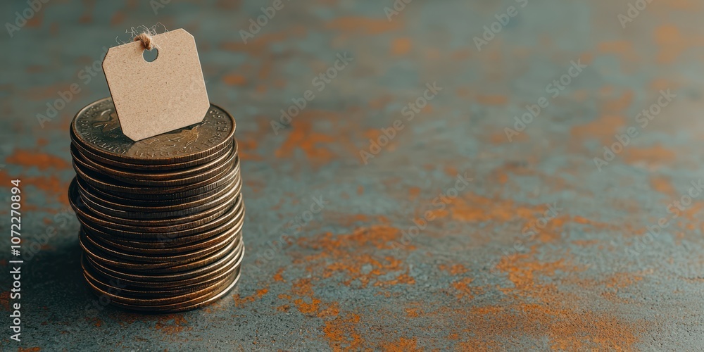 Poster currency value a stack of coins with a blank tag on a rustic background