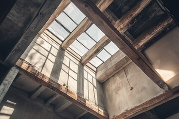 Fototapeta premium Interior design of loft style cafe with concrete and wood structure, Concrete structure in hall with light shine.