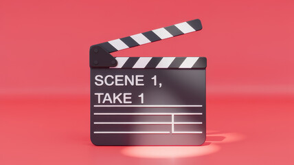 Obraz premium A classic film clapperboard against a vibrant pink backdrop, symbolizing the beginning of a new scene in filmmaking.