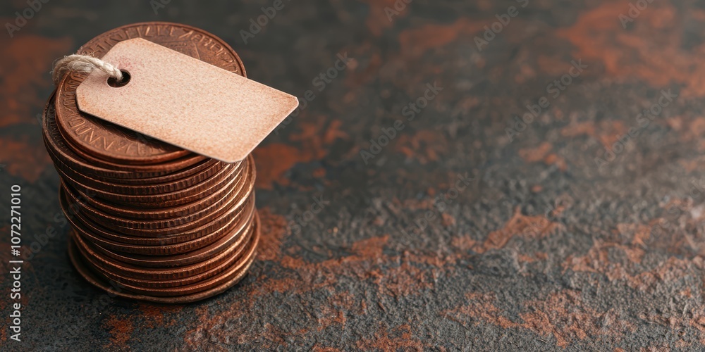 Poster the symbolism of currency value with a stack of coins and a blank tag