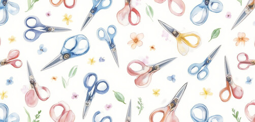 Seamless pattern of scissors, pins, and sewing tools in pastel colors