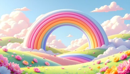 3d rendered cartoon rainbow land. 3d cartoon landscape composition with green hills, trees, rainbow, sun, white clouds. Modern stylized children's concept background. Sweet nature environment panorama © designhunt