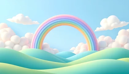 3d rendered cartoon rainbow land. 3d cartoon landscape composition with green hills, trees, rainbow, sun, white clouds. Modern stylized children's concept background. Sweet nature environment panorama