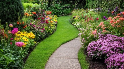 Obraz premium A scenic garden path surrounded by vibrant flowers and lush greenery.