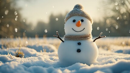 Obraz premium A cheerful snowman with a knitted hat and scarf stands in a snowy field, with snowflakes falling around it.