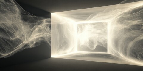 Dynamic orbital perspective of swirling smoke in a cube-shaped room, perfectly square corners, minimalist design, dramatic rim lighting, geometric simplicity, ray-traced volumetrics