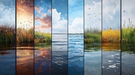 Collage of seven vertical images showcasing the changing seasons with the sky and water reflecting the color palette of each season.