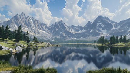 Fototapeta premium A serene landscape featuring majestic mountains reflecting in a calm lake, surrounded by lush greenery and a dramatic sky filled with clouds.