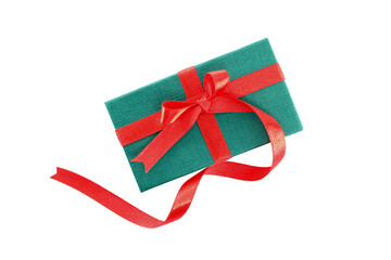 green gift box with simplicity long red ribbon bow isolated on transparent