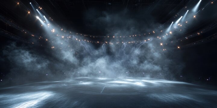 Dynamic orbital perspective of swirling smoke on arena stage, stadium spotlight rig, multiple light beams intersecting, dark void background, concert lighting atmosphere