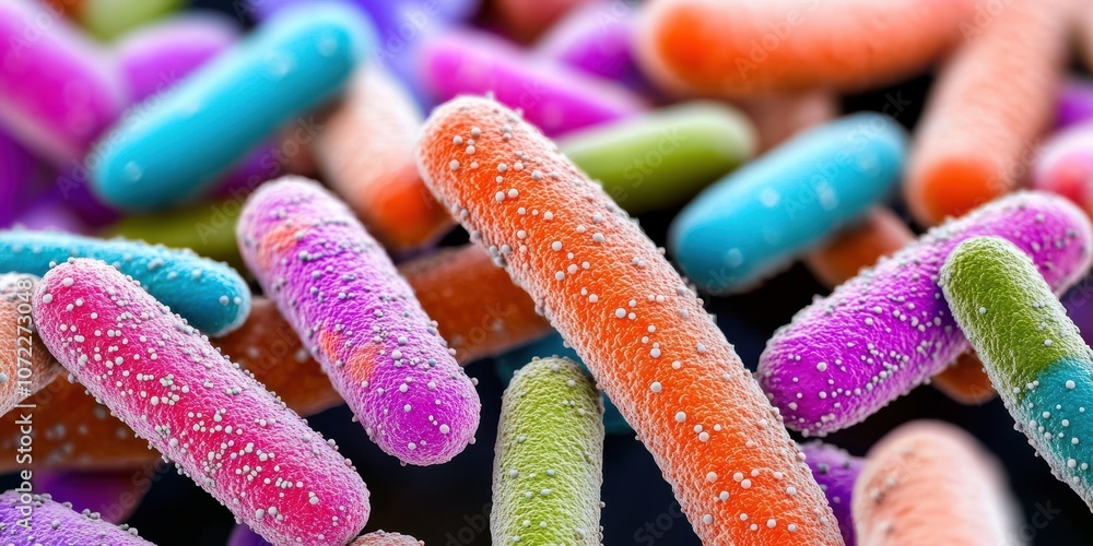 Poster diverse and colorful bacteria in close-up with unique shapes and textures on dark background