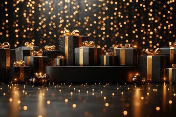 Black and Gold Gift Boxes on a Festive Background