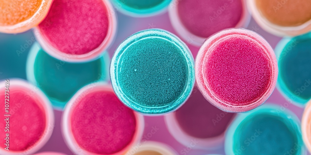 Poster vibrant microscopic bacteria floating in fluid with unique shapes and structures