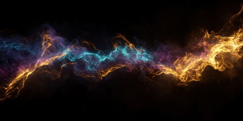 Explosive fusion of electric purple, neon turquoise, and molten gold smoke clouds, pitch-black background