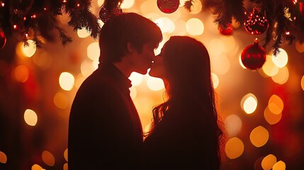 Silhouettes of a young couple kissing under a Christmas tree with red ornaments and twinkling lights.