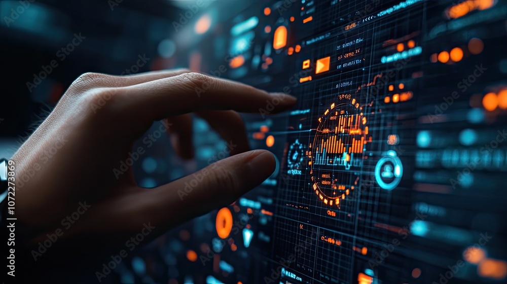 Poster a hand interacts with a futuristic digital interface with glowing orange and blue data visualization