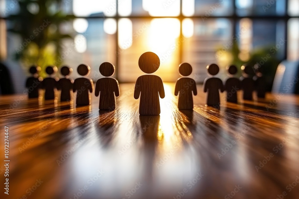 Poster wooden figures representing diverse individuals in a conference setting with sunlight streaming thro