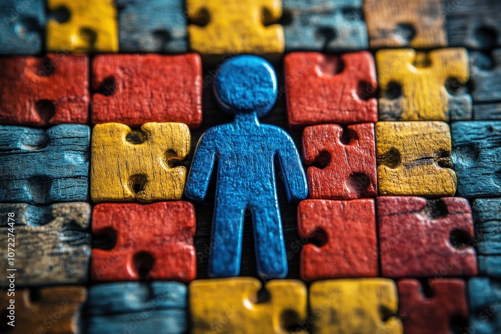 Poster blue puzzle piece figure on a vibrant puzzle background showcasing uniqueness and individuality in a