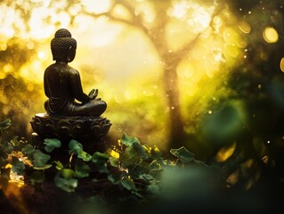 Serene buddha statue in a lush, golden-hued forest