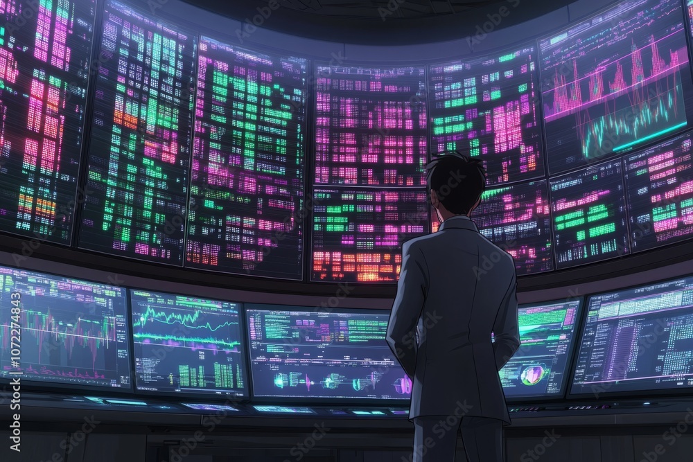 Poster analyst reviewing data on screen in modern workspace