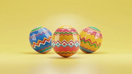 Colorful, vibrantly decorated Easter eggs in bright colors on a cheerful yellow background.